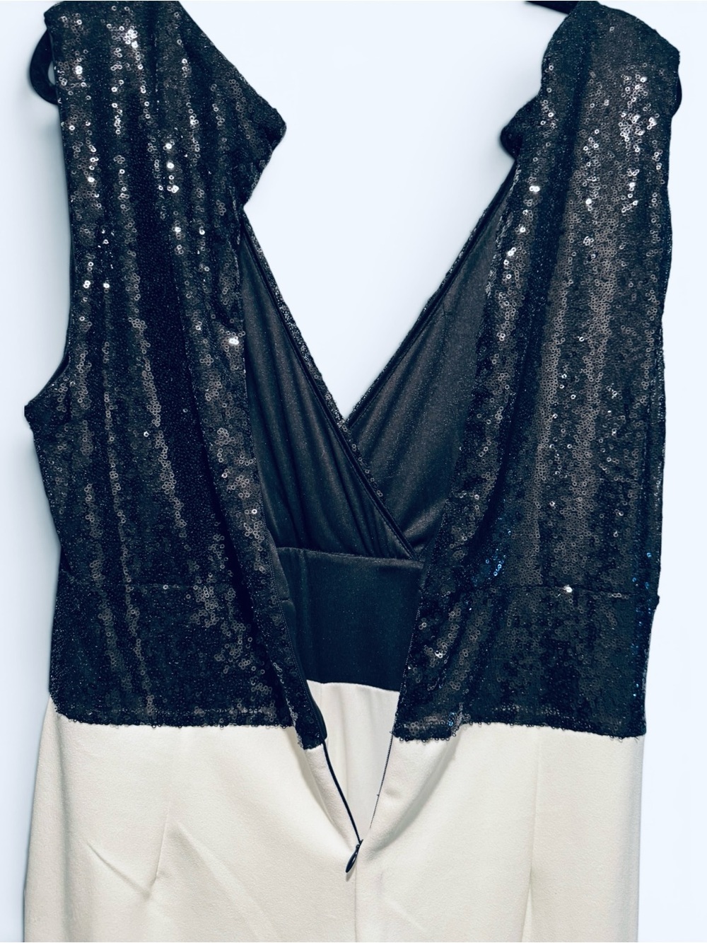 New York and Company Black and White Sequin Bodice Wide-Leg Jumpsuit - Picture 6 of 9